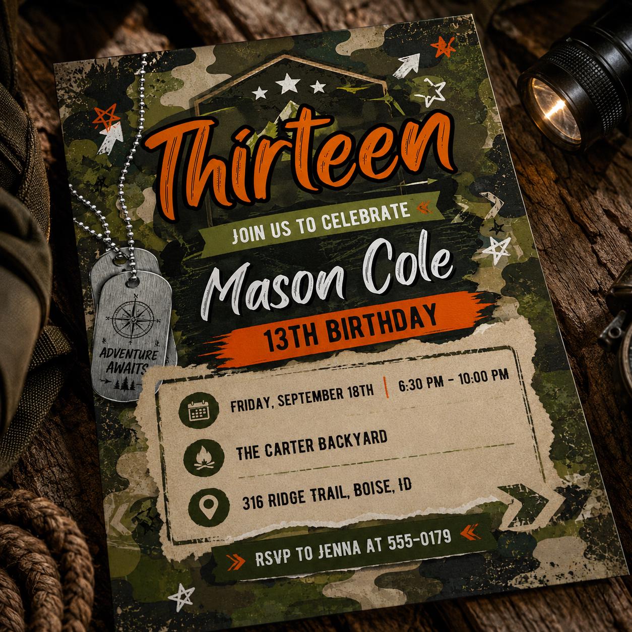 Camo Adventure invitation, Army Birthday Party Invitation, Camo Soldier Evite,  Hunting Birthday Invite Boy  Birthday Invite, Canva Template __etsy:8122151907
