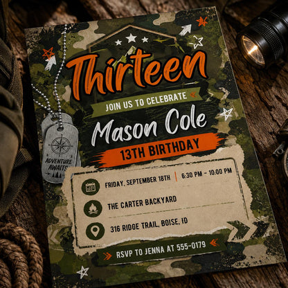 Camo Adventure invitation, Army Birthday Party Invitation, Camo Soldier Evite,  Hunting Birthday Invite Boy  Birthday Invite, Canva Template __etsy:8122151907