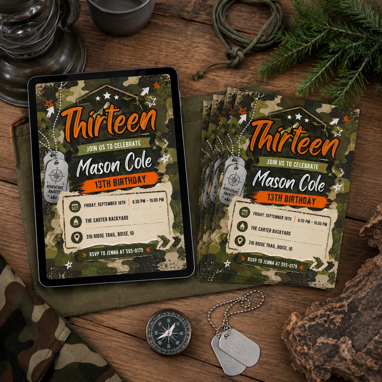 Camo Adventure invitation, Army Birthday Party Invitation, Camo Soldier Evite,  Hunting Birthday Invite Boy  Birthday Invite, Canva Template __etsy:8122151965