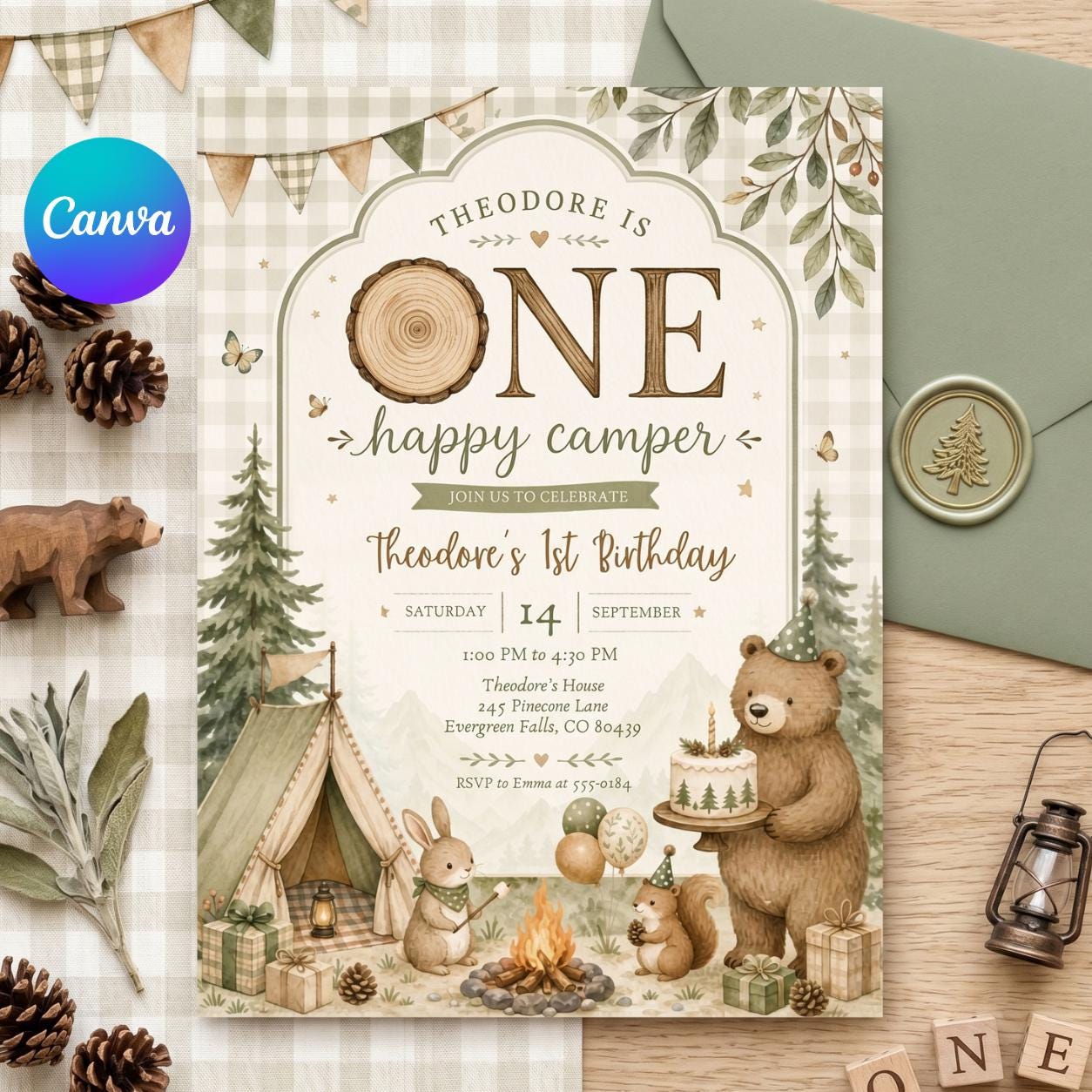 Camping Birthday Invitation Template, One Happy Camper Invite Canva Editable, First Birthday Woodland Party Invite, Bear Camp Party __etsy:7987942118