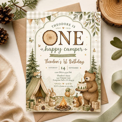 Camping Birthday Invitation Template, One Happy Camper Invite Canva Editable, First Birthday Woodland Party Invite, Bear Camp Party __etsy:8035825005