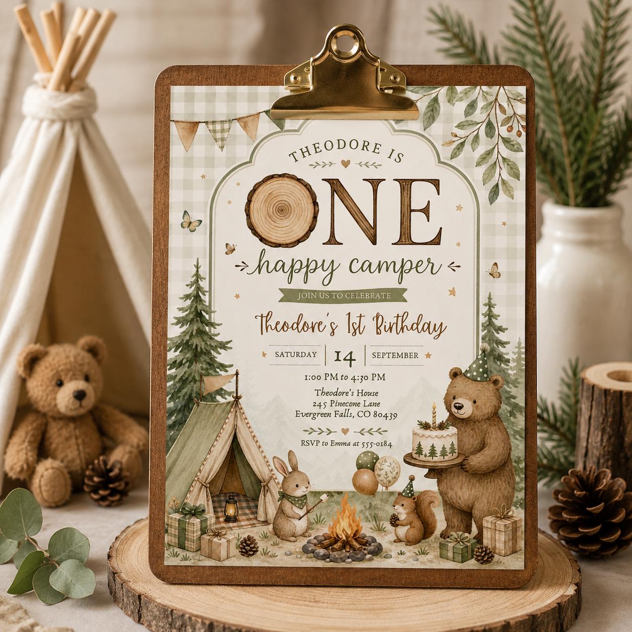 Camping Birthday Invitation Template, One Happy Camper Invite Canva Editable, First Birthday Woodland Party Invite, Bear Camp Party __etsy:7987885546