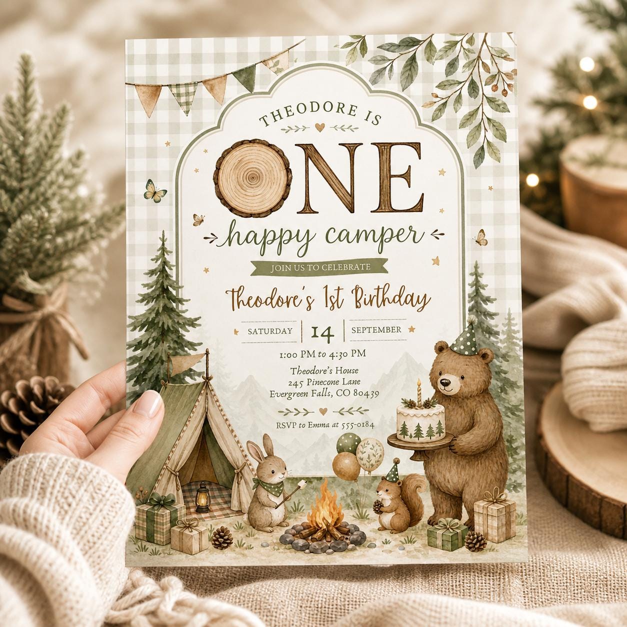 Camping Birthday Invitation Template, One Happy Camper Invite Canva Editable, First Birthday Woodland Party Invite, Bear Camp Party __etsy:7987885548