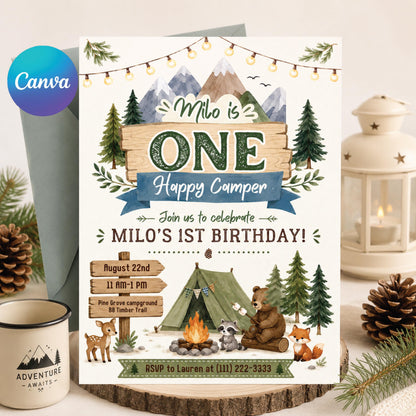 Camping Birthday Invitation Template, One Happy Camper Invite Canva Editable, First Birthday Woodland Party Invite, Bear Camp Party, Canva __etsy:8070386191