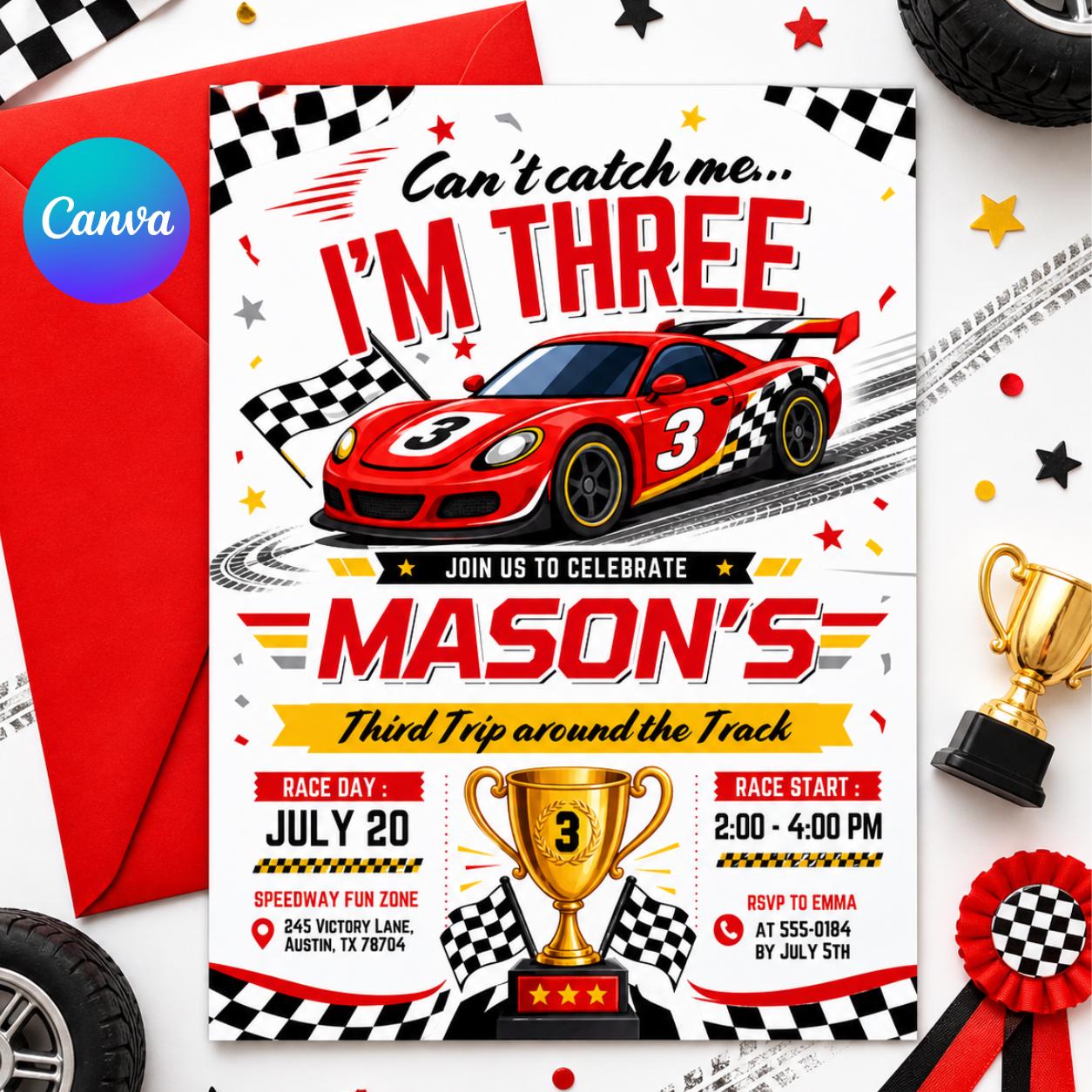 Can't Catch Me I'm Three Birthday Invitation, Editable Template, Vintage Race Car Party, Racing Cars, Race Car Birthday, Turning 3, Canva __etsy:8035905865