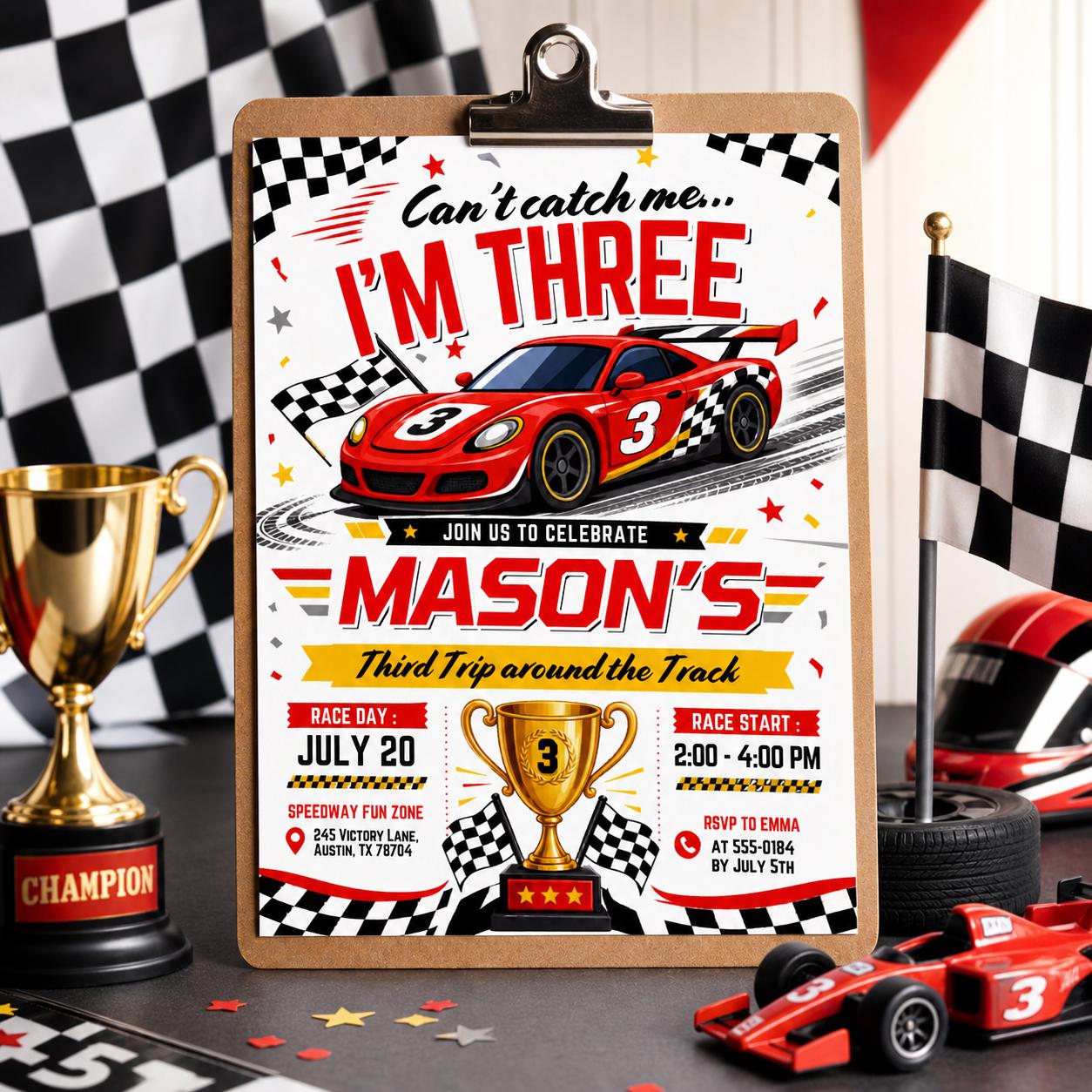 Can't Catch Me I'm Three Birthday Invitation, Editable Template, Vintage Race Car Party, Racing Cars, Race Car Birthday, Turning 3, Canva __etsy:8032074381