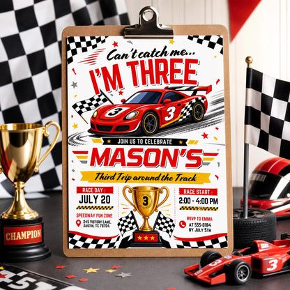 Can't Catch Me I'm Three Birthday Invitation, Editable Template, Vintage Race Car Party, Racing Cars, Race Car Birthday, Turning 3, Canva __etsy:8032074381