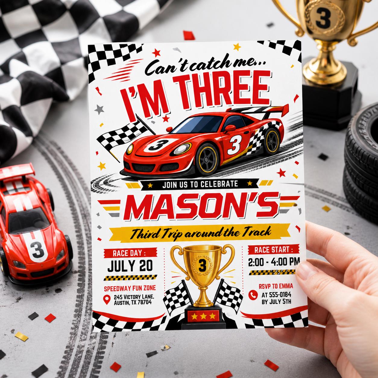 Can't Catch Me I'm Three Birthday Invitation, Editable Template, Vintage Race Car Party, Racing Cars, Race Car Birthday, Turning 3, Canva __etsy:7984129716