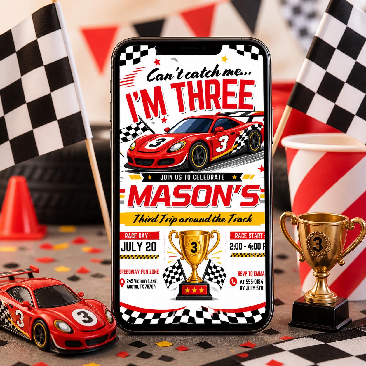Can't Catch Me I'm Three Birthday Invitation, Editable Template, Vintage Race Car Party, Racing Cars, Race Car Birthday, Turning 3, Canva __etsy:7984129720