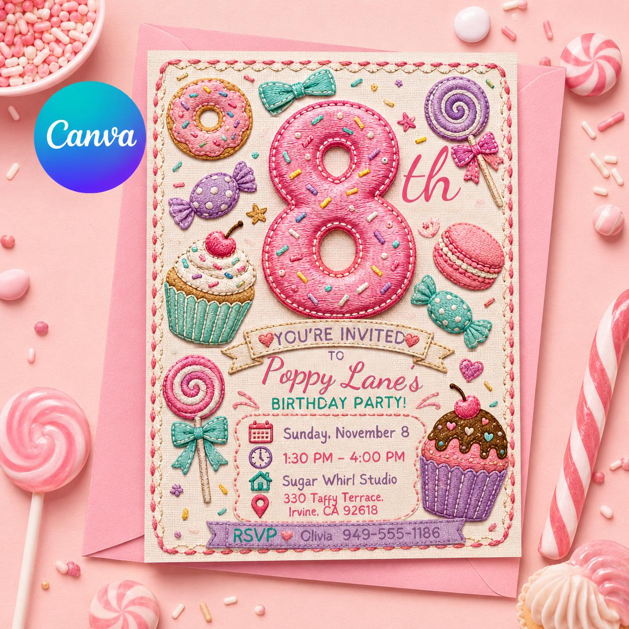 Candy Birthday Invitation, 8th Birthday Girl Sweet Shop Party Invite, Editable Printable Canva Template __etsy:8173843048