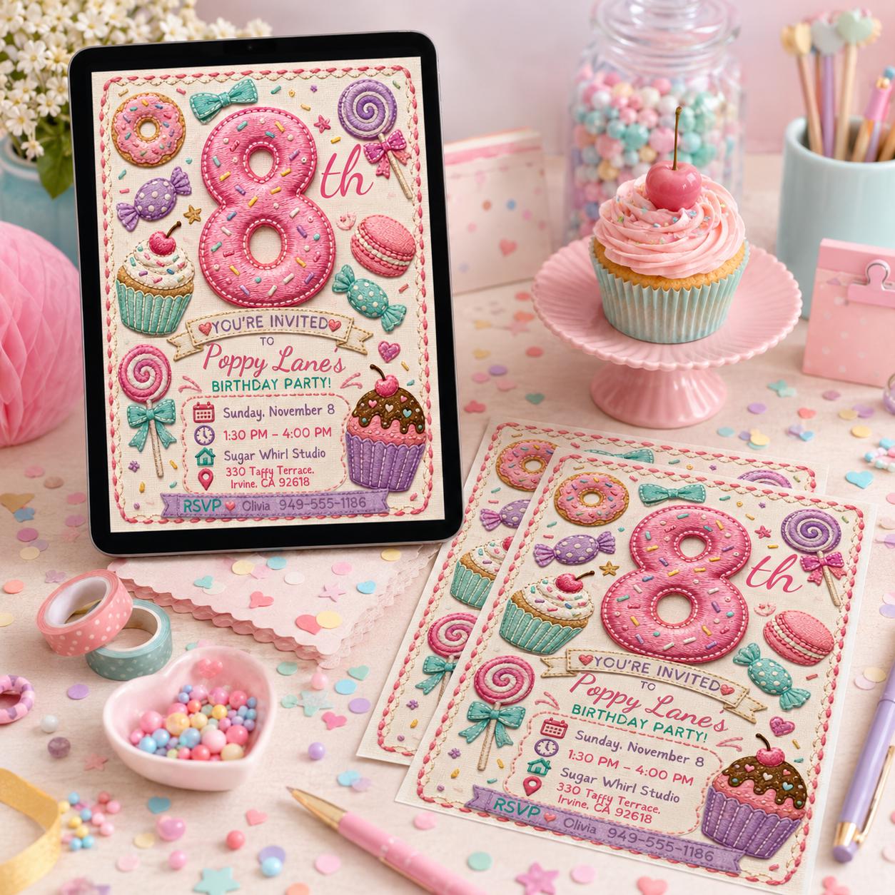 Candy Birthday Invitation, 8th Birthday Girl Sweet Shop Party Invite, Editable Printable Canva Template __etsy:8173842996