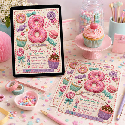 Candy Birthday Invitation, 8th Birthday Girl Sweet Shop Party Invite, Editable Printable Canva Template __etsy:8173842996