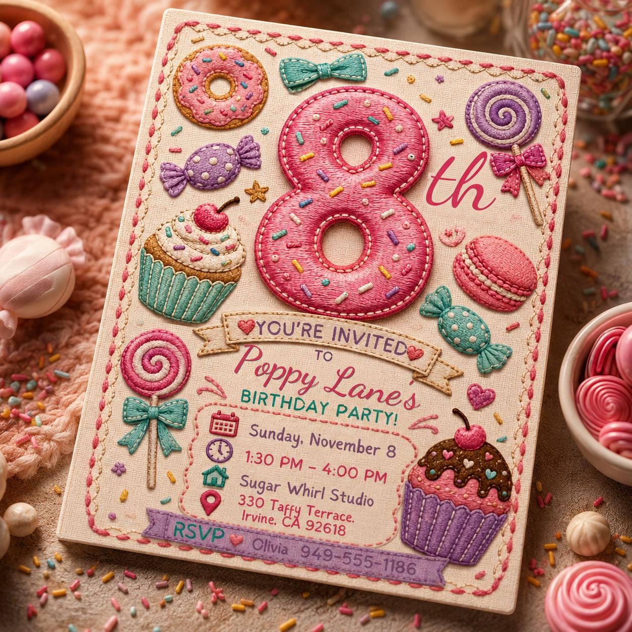 Candy Birthday Invitation, 8th Birthday Girl Sweet Shop Party Invite, Editable Printable Canva Template __etsy:8221773813