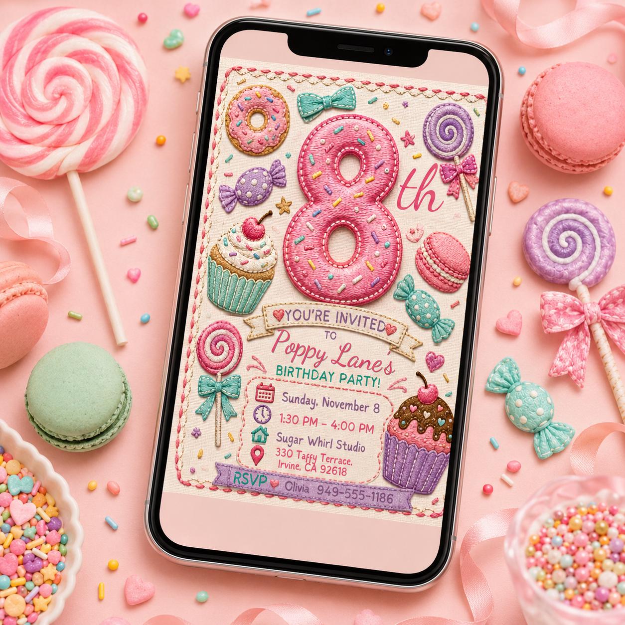 Candy Birthday Invitation, 8th Birthday Girl Sweet Shop Party Invite, Editable Printable Canva Template __etsy:8221773821