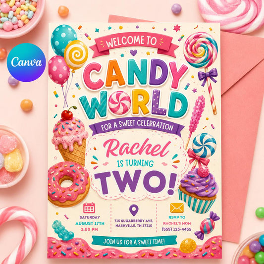 Candy World Birthday Invitation, Editable Candy Birthday Invitation, Candyland Sweet Celebration, Sweets Candy Birthday, Canva Template __etsy:8108279189