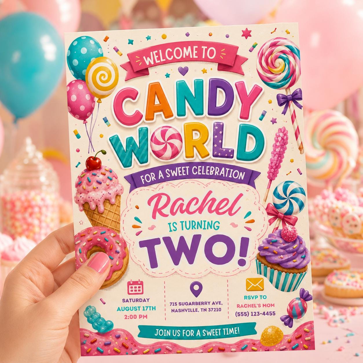 Candy World Birthday Invitation, Editable Candy Birthday Invitation, Candyland Sweet Celebration, Sweets Candy Birthday, Canva Template __etsy:8108279175
