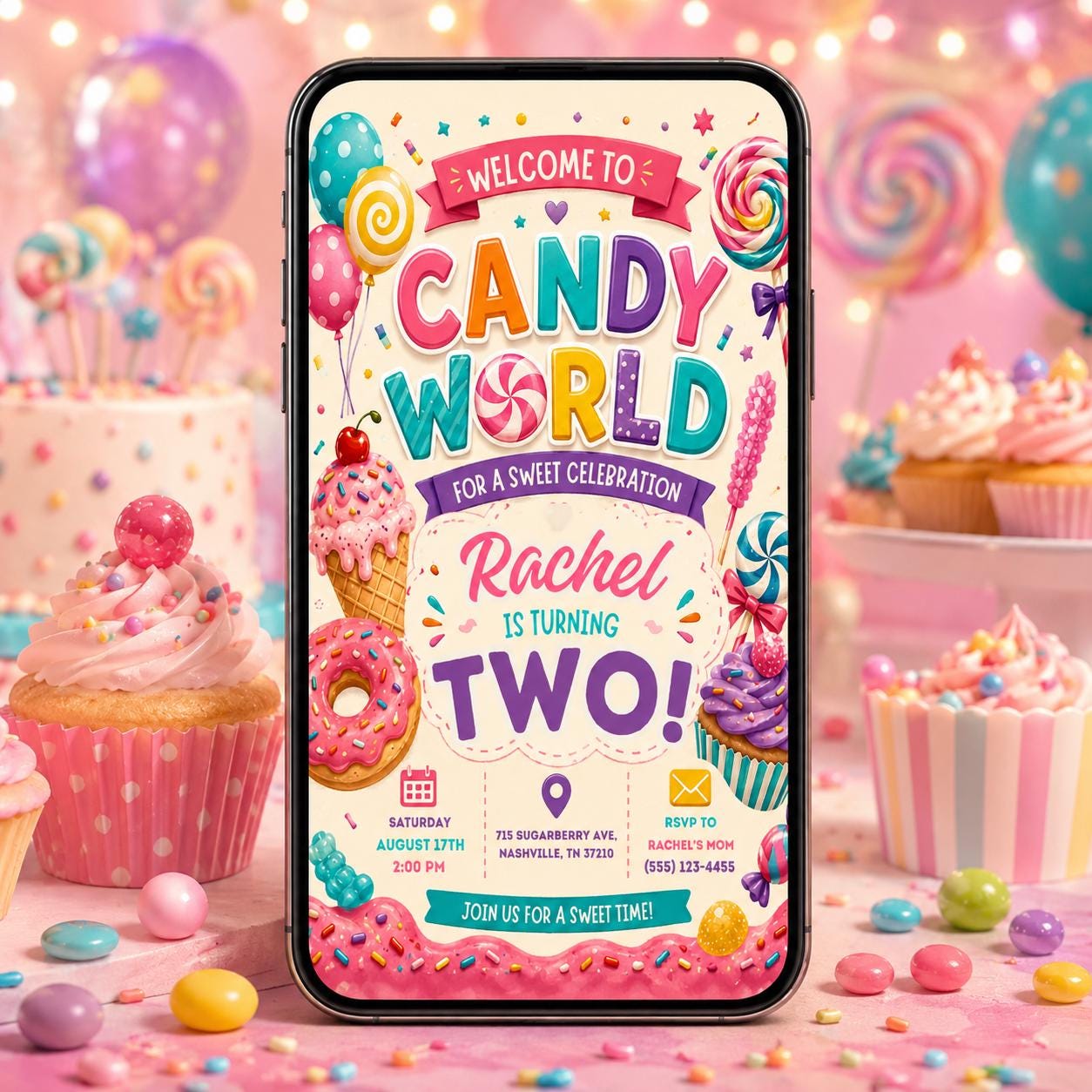 Candy World Birthday Invitation, Editable Candy Birthday Invitation, Candyland Sweet Celebration, Sweets Candy Birthday, Canva Template __etsy:8060365420