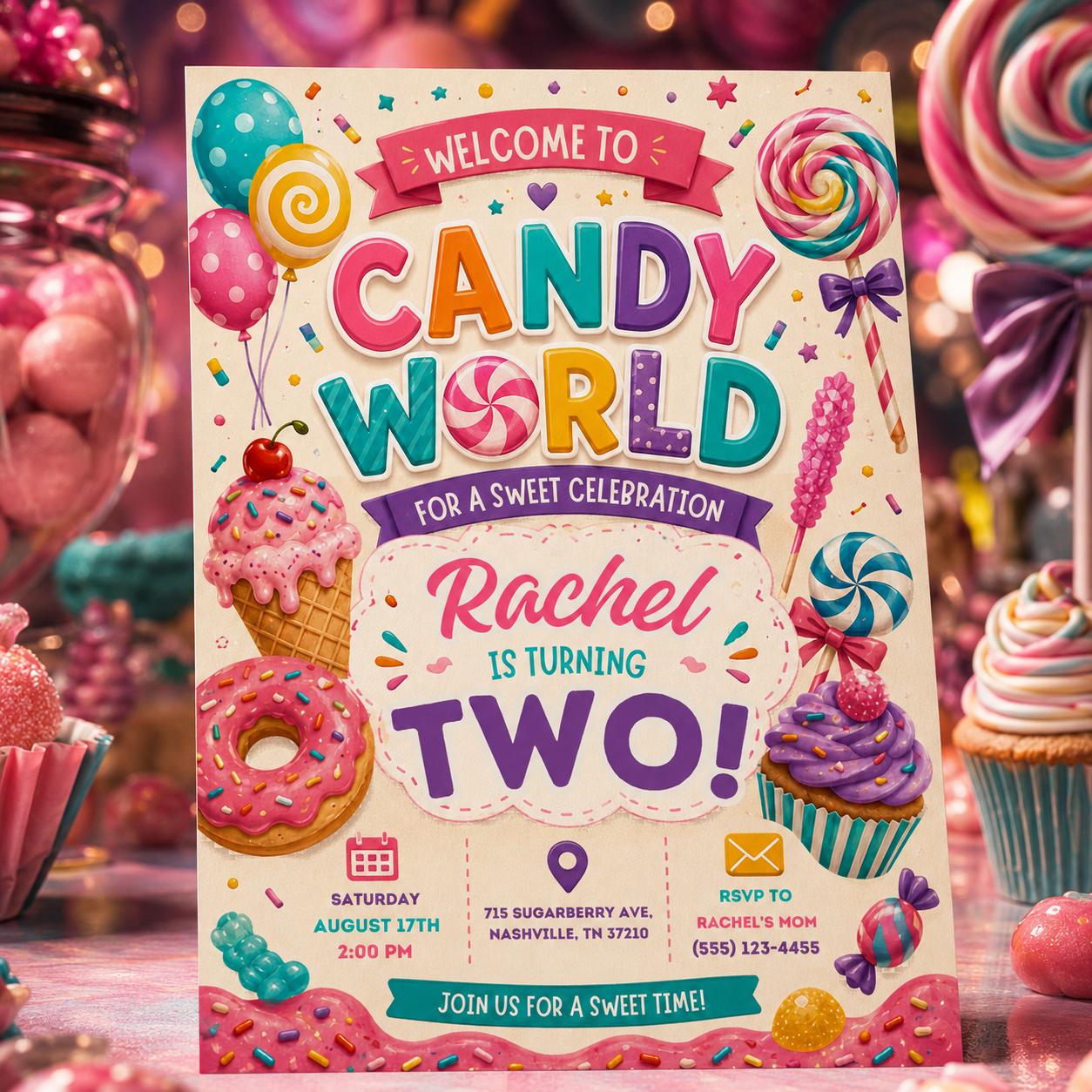 Candy World Birthday Invitation, Editable Candy Birthday Invitation, Candyland Sweet Celebration, Sweets Candy Birthday, Canva Template __etsy:8060365424