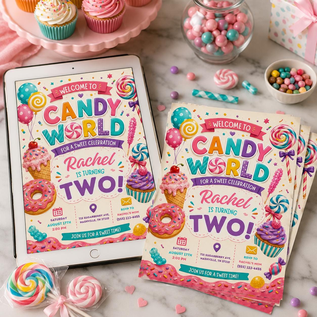 Candy World Birthday Invitation, Editable Candy Birthday Invitation, Candyland Sweet Celebration, Sweets Candy Birthday, Canva Template __etsy:8108279191