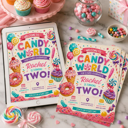 Candy World Birthday Invitation, Editable Candy Birthday Invitation, Candyland Sweet Celebration, Sweets Candy Birthday, Canva Template __etsy:8108279191