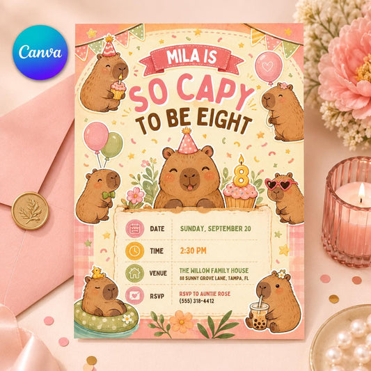 Capybara Birthday Invitation, Editable Capybara Birthday Invitation, Kawaii Animal Party Template, Editable Canva Template __etsy:8108185697