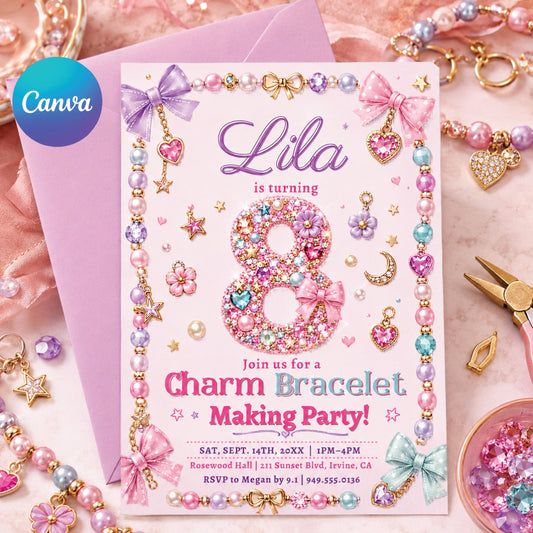 Charm Bracelet Making Party, Jewelry Making Invitation, Beading Party Template, Tween Girl Birthday, Friendship Bracelet Workshop, Canva __etsy:8058747815