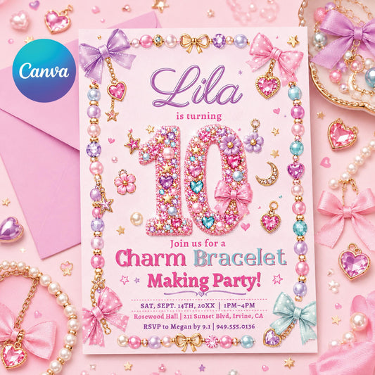 Charm Bracelet Making Party, Jewelry Making Invitation, Beading Party Template, Tween Girl Birthday, Friendship Bracelet Workshop, Canva __etsy:8074137079