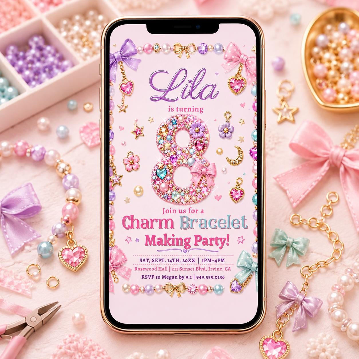 Charm Bracelet Making Party, Jewelry Making Invitation, Beading Party Template, Tween Girl Birthday, Friendship Bracelet Workshop, Canva __etsy:8058736251