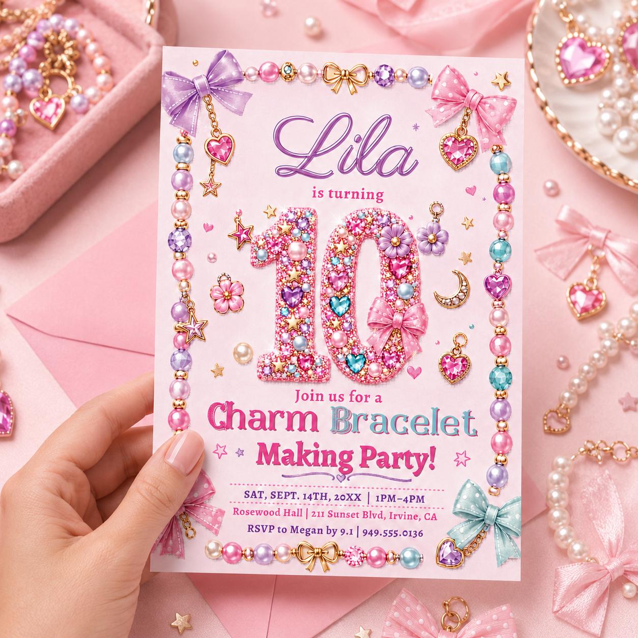 Charm Bracelet Making Party, Jewelry Making Invitation, Beading Party Template, Tween Girl Birthday, Friendship Bracelet Workshop, Canva __etsy:8074137529