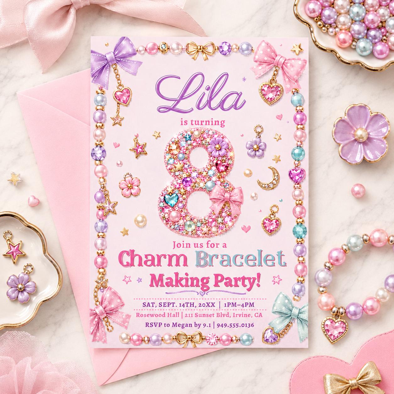 Charm Bracelet Making Party, Jewelry Making Invitation, Beading Party Template, Tween Girl Birthday, Friendship Bracelet Workshop, Canva __etsy:8058736261