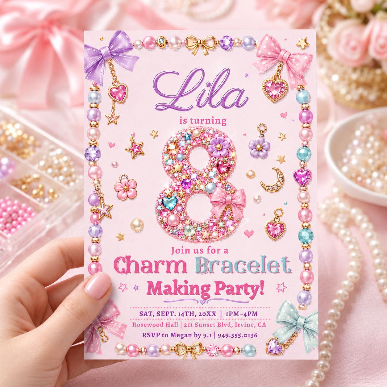 Charm Bracelet Making Party, Jewelry Making Invitation, Beading Party Template, Tween Girl Birthday, Friendship Bracelet Workshop, Canva __etsy:8058736257