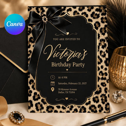 Cheetah Print Birthday Invitation, Black Bow Coquette Party Printable Invite, Cheetah Print Pajama Party, Leopard Safari Theme Birthday __etsy:8085000397
