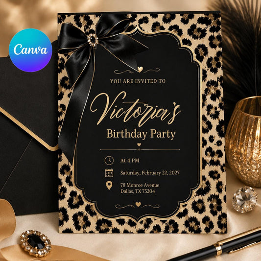 Cheetah Print Birthday Invitation, Black Bow Coquette Party Printable Invite, Cheetah Print Pajama Party, Leopard Safari Theme Birthday __etsy:8085000397