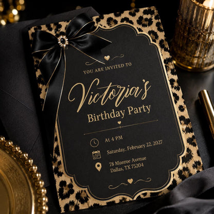 Cheetah Print Birthday Invitation, Black Bow Coquette Party Printable Invite, Cheetah Print Pajama Party, Leopard Safari Theme Birthday __etsy:8037083908