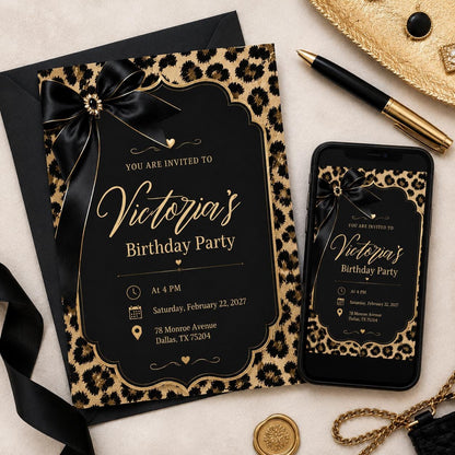 Cheetah Print Birthday Invitation, Black Bow Coquette Party Printable Invite, Cheetah Print Pajama Party, Leopard Safari Theme Birthday __etsy:8085000401