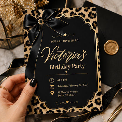 Cheetah Print Birthday Invitation, Black Bow Coquette Party Printable Invite, Cheetah Print Pajama Party, Leopard Safari Theme Birthday __etsy:8085000395