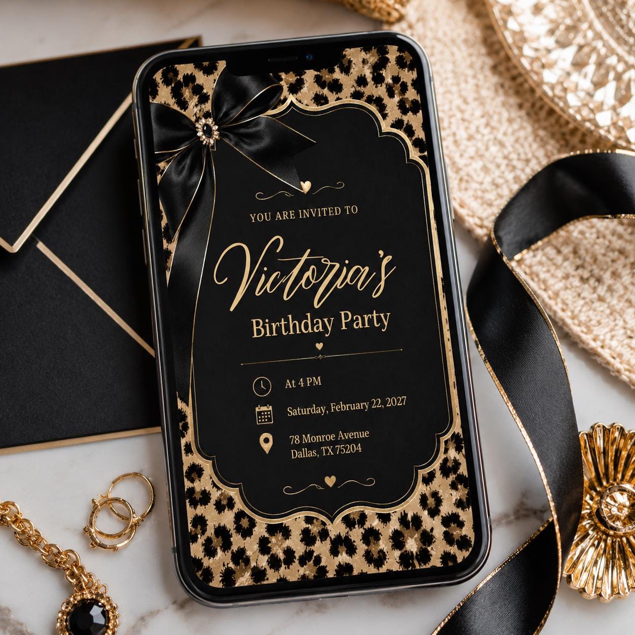 Cheetah Print Birthday Invitation, Black Bow Coquette Party Printable Invite, Cheetah Print Pajama Party, Leopard Safari Theme Birthday __etsy:8085000399