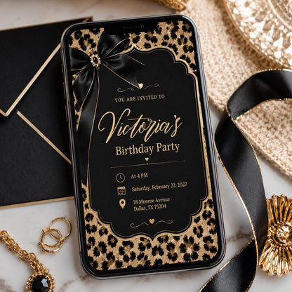 Cheetah Print Birthday Invitation, Black Bow Coquette Party Printable Invite, Cheetah Print Pajama Party, Leopard Safari Theme Birthday __etsy:8085000399