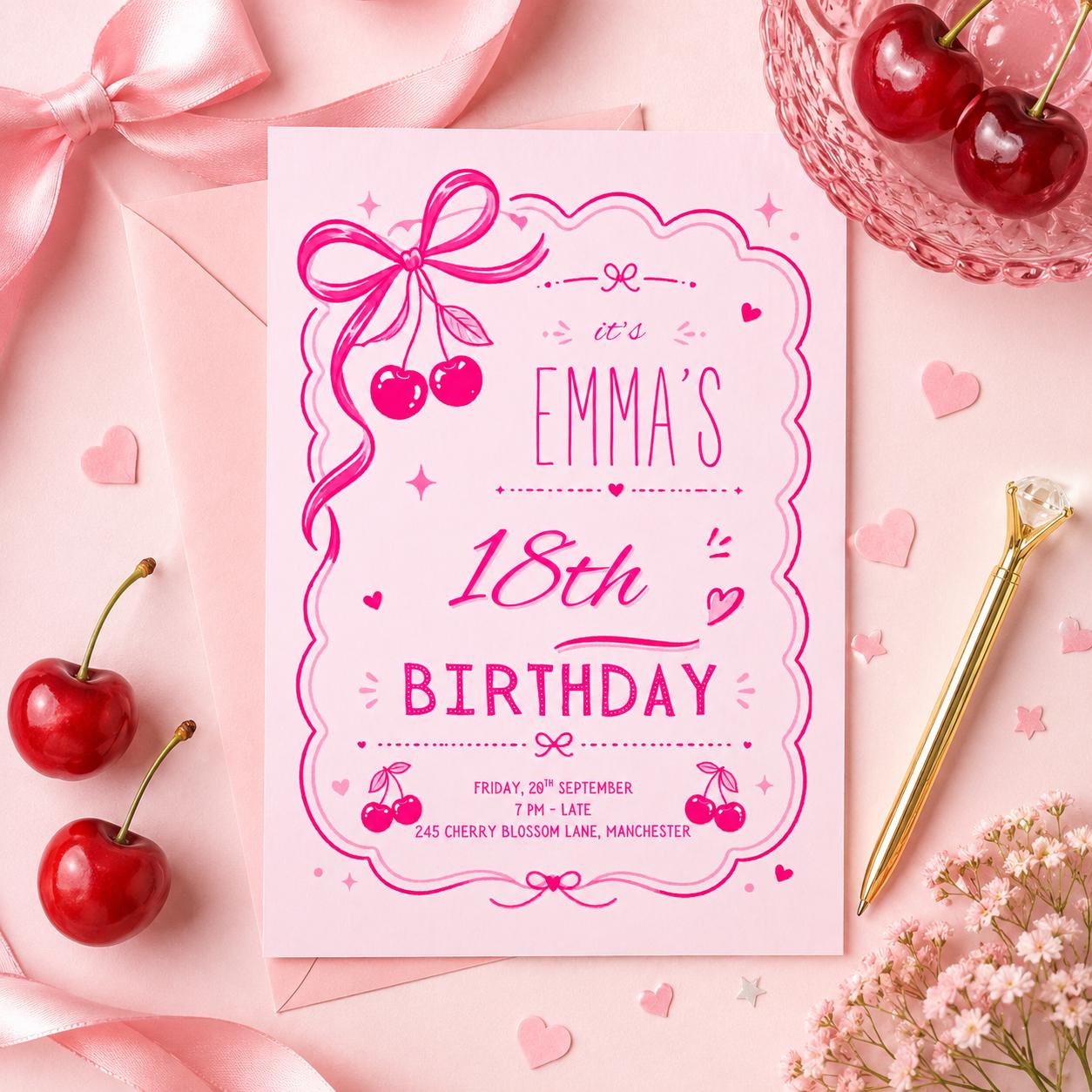 Cherry Sweet Birthday Invitation, Cherry Bow Birthday Invite, Cherry Girl Birthday Party Invite, Cherries Girl 1st Birthday, Editable Canva __etsy:8082561661