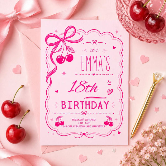 Cherry Sweet Birthday Invitation, Cherry Bow Birthday Invite, Cherry Girl Birthday Party Invite, Cherries Girl 1st Birthday, Editable Canva __etsy:8082561661
