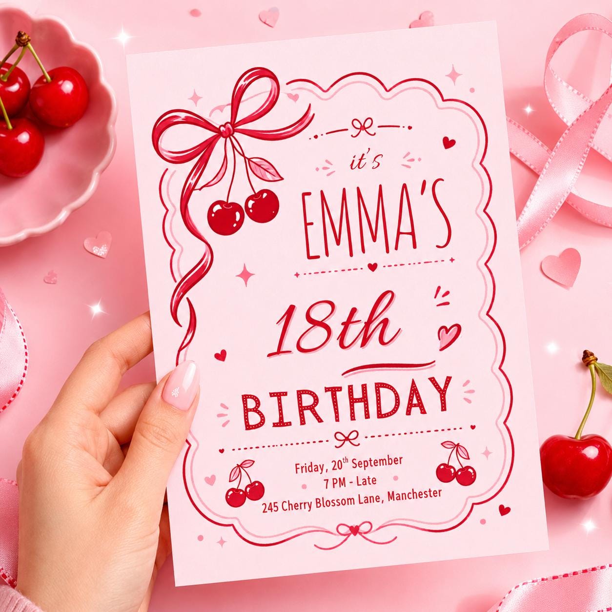 Cherry Sweet Birthday Invitation, Cherry Bow Birthday Invite, Cherry Girl Birthday Party Invite, Cherries Girl 1st Birthday, Editable Canva __etsy:7997217228