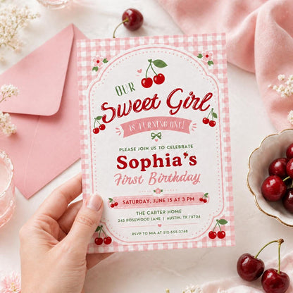 Cherry Sweet Birthday Invitation, Cherry Bow Birthday Invite, Cherry Girl Birthday Party Invite, Cherries Girl 1st Birthday, Editable Canva __etsy:8032392262