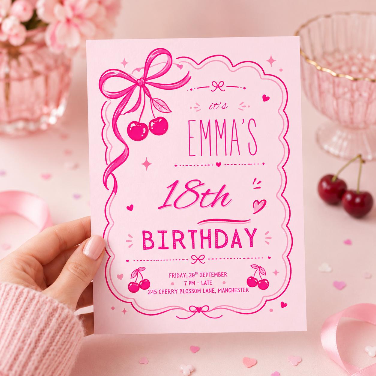 Cherry Sweet Birthday Invitation, Cherry Bow Birthday Invite, Cherry Girl Birthday Party Invite, Cherries Girl 1st Birthday, Editable Canva __etsy:8082561149
