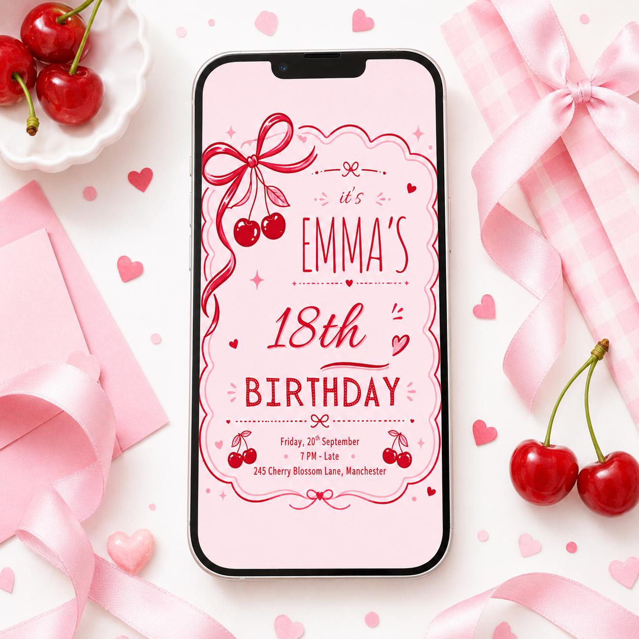 Cherry Sweet Birthday Invitation, Cherry Bow Birthday Invite, Cherry Girl Birthday Party Invite, Cherries Girl 1st Birthday, Editable Canva __etsy:7997217238