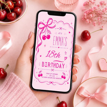 Cherry Sweet Birthday Invitation, Cherry Bow Birthday Invite, Cherry Girl Birthday Party Invite, Cherries Girl 1st Birthday, Editable Canva __etsy:8082561573