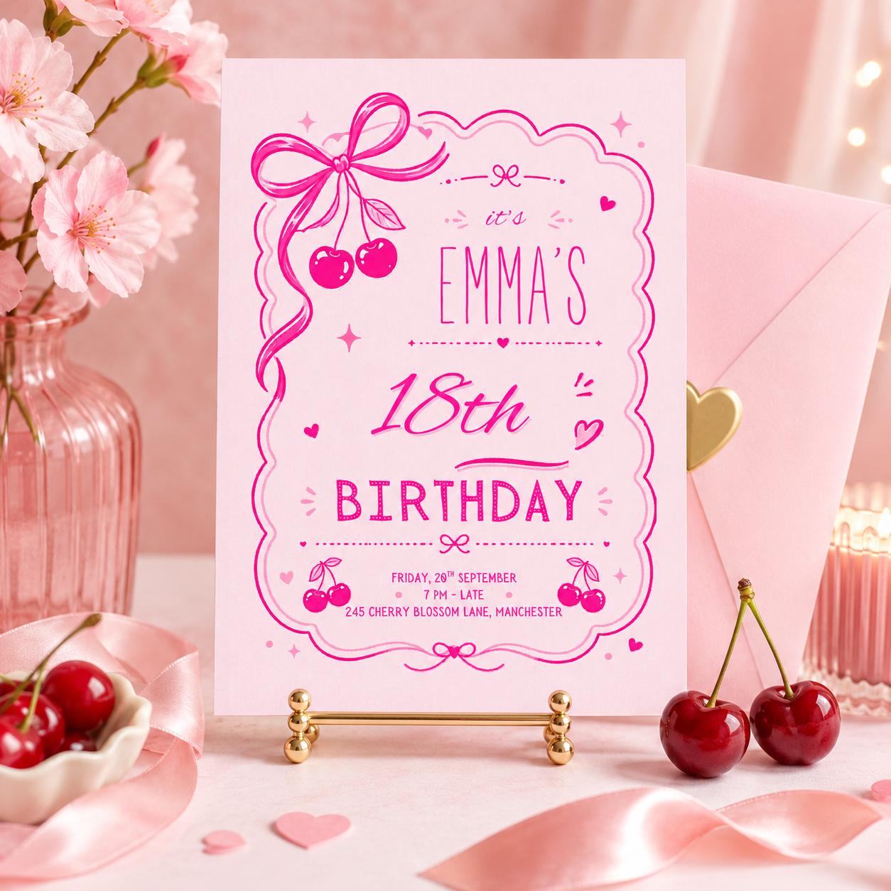 Cherry Sweet Birthday Invitation, Cherry Bow Birthday Invite, Cherry Girl Birthday Party Invite, Cherries Girl 1st Birthday, Editable Canva __etsy:8034645958