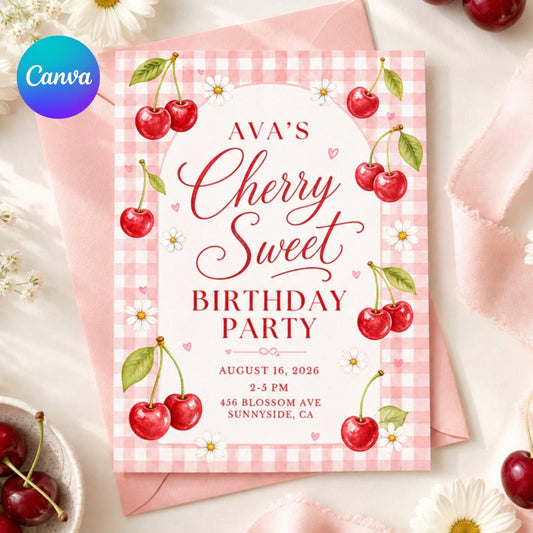 Cherry Sweet Birthday Party Invitation, Editable Canva Template, Cherry Bow Birthday Invite, Cherry Theme Girl Birthday Party, Custom Invite __etsy:8030045729