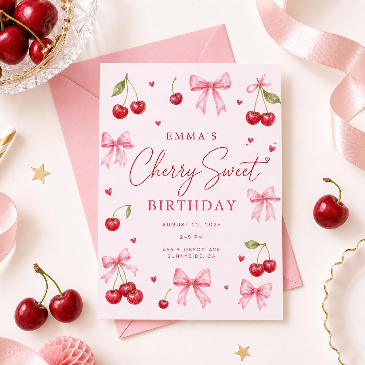 Cherry Sweet Birthday Party Invitation, Editable Canva Template, Cherry Bow Birthday Invite, Cherry Theme Girl Birthday Party, Custom Invite __etsy:8029997407