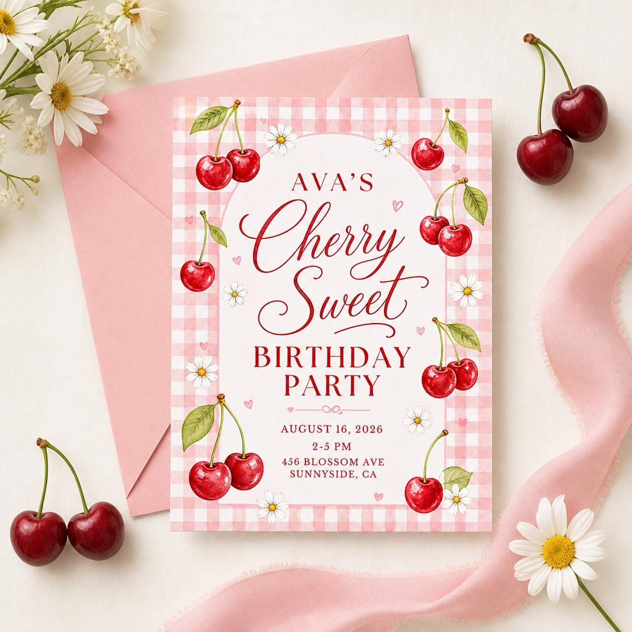 Cherry Sweet Birthday Party Invitation, Editable Canva Template, Cherry Bow Birthday Invite, Cherry Theme Girl Birthday Party, Custom Invite __etsy:7982098848