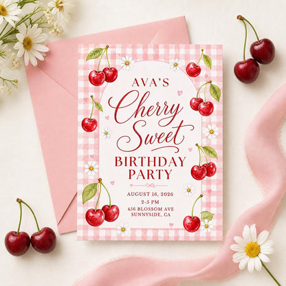 Cherry Sweet Birthday Party Invitation, Editable Canva Template, Cherry Bow Birthday Invite, Cherry Theme Girl Birthday Party, Custom Invite __etsy:7982098848